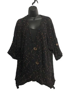 Willow Brand Black Chunky Ribbon Knit Sweater Women's Size L Big Button Cotton - Picture 1 of 8