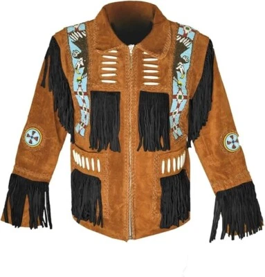Men’s Western Brown Fringe Suede Leather Jacket Cowboy Rodeo Style Beaded Coat - Image 1 of 3