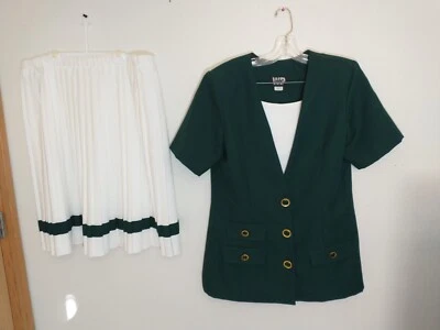 W.P. Gordon Secretary Falda Traje 2 Piezas De Colección Años 90 Talla 16 Falda Plisada Verde Blanco Foto 1 de 4
