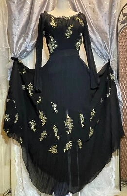 Va Va Voom Black With Gold Sequin Accents Long Sleeve Maxi Peasant Dress Sz Lrg - Image 1 of 4