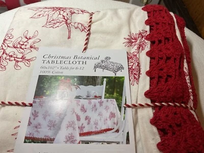 APRIL CORNELL TABLECLOTH CHRISTMAS BOTANICAL RED 60 X 102 SEATS 8-12 COTTON NIP - Image 1 of 4