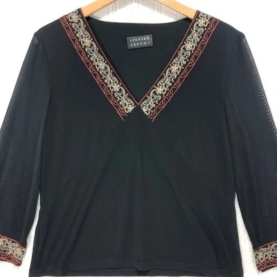 Blusa Top SPENSER JEREMY Negra Transparente Bordada Cuello en V Manga 3/4 Foto 1 de 4