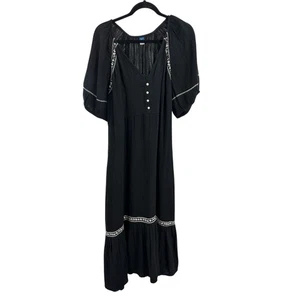 Old Navy Black Embroidered Maxi Dress Boho Gauze V Neck Button M L XL - Picture 1 of 7