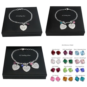 925 Silver Charm Bracelet with Childrens Names Engraved on Hearts & Birthstones. - Picture 1 of 12