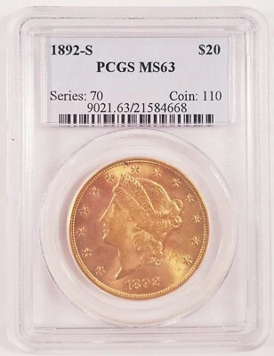 1892-S $20 Oro Liberty Doble Águila Calificado por PCGS como MS-63! ¡Oro temprano de Estados Unidos! Foto 1 de 4