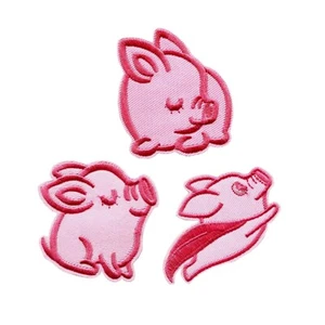 Lindo parche bordado de cerdo rosa para planchar (juego de 3) apliques de dibujos animados de animales de granja - Imagen 1 de 2