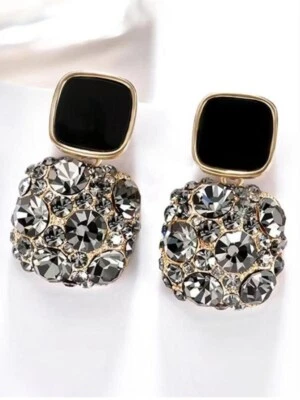 Womens Beautiful Small Black Rhinestone Decor Drop Gold Metal Earrings Party - Image 1 of 4