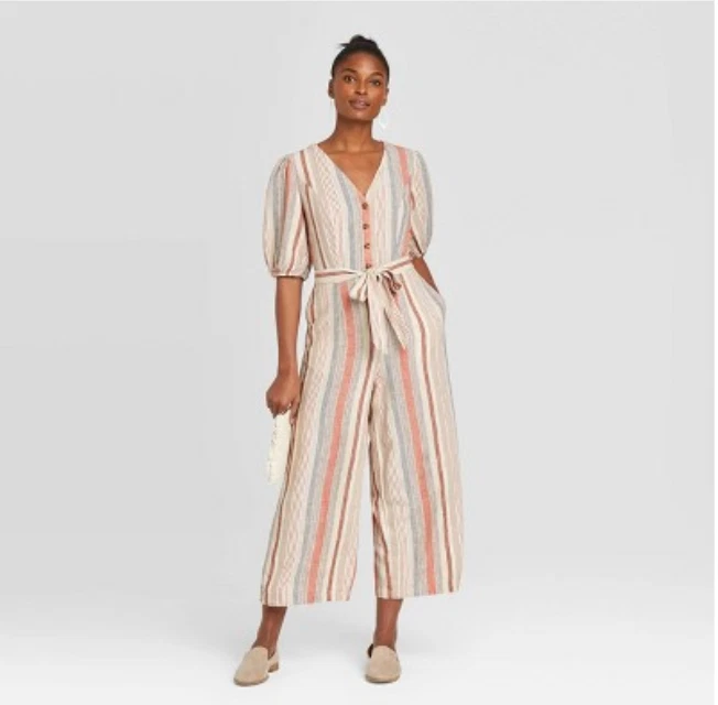 Universal Thread Striped Elbow Sleeve Cropped Jumpsuit Cottagecore Size Small