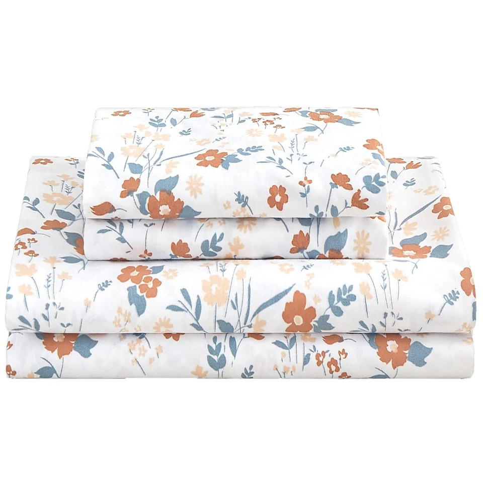 Softan Queen Bed Sheet Set 4 PC Orange Floral Printed Brushed Microfiber Eleg...