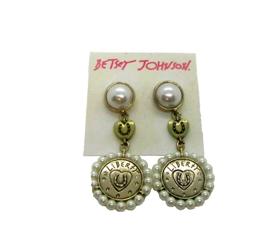 Betsey Johnson Liberty Medallions Pearl Accent Horseshoe Charm Dangle Earrings - Image 1 of 2