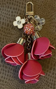 WASSERMELONE ROT RÖTLICH ROSA LEDER ROSE QUASTE DISCO KUGEL STRASS TASCHENANHÄNGER - Bild 1 von 9