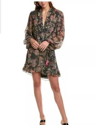 ROCOCO SAND Surplice Mini Dress in Size XS Metallic Floral Tassels Deep V-Neck  - Image 1 of 4