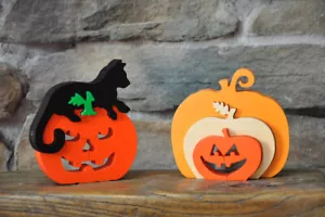 Mini Set Jack O Lantern Pumpkin Black Cat Holiday Halloween Fall Decoration NEW - Picture 1 of 3