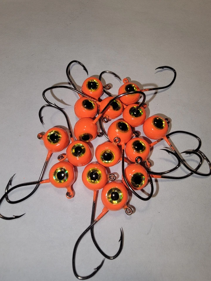 100 pack 1/8 oz.#6  jig heads sickle jig hook  painted orange gold eye  - Image 1 of 1