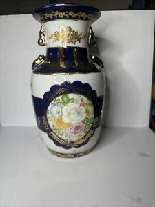 Jarrón chino de porcelana esmaltada moderno pintado a mano dorado azul 10 pulgadas - Imagen 1 de 21