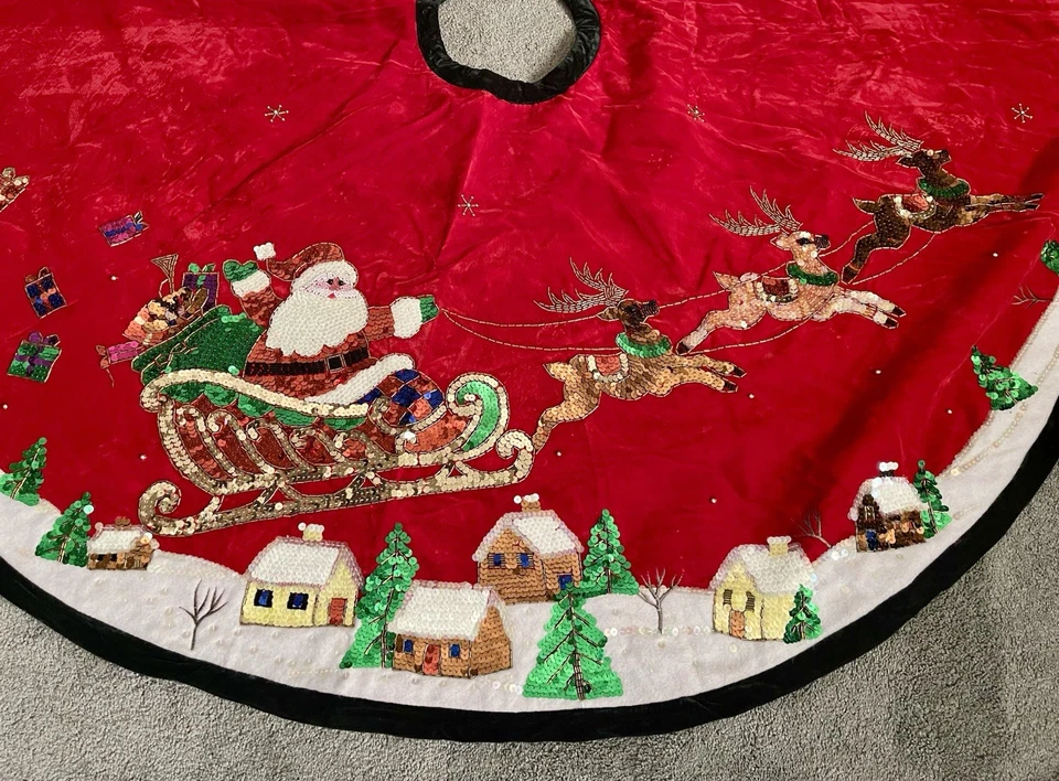 53" Classic Christmas Santa and Reindeer Tree Skirt Neiman Marcus - Image 1 of 4