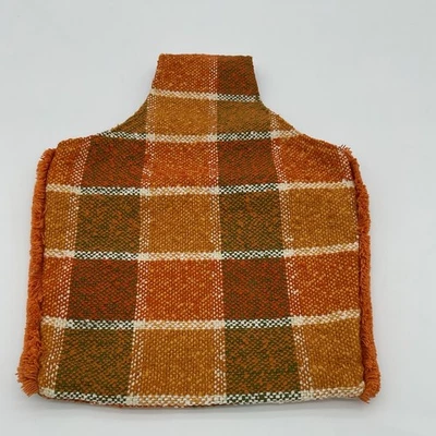 Vintage 1970s Unbranded Tote Plaid Orange Green White Cloth 13" x 19" x 1.5" - Image 1 of 4