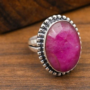 Faceted Ruby Lab-Created Gemstone Handmade 925 Sterling Silver Jewelry Ring - Picture 1 of 4