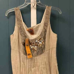 Tory Burch orchid flax gold beaded cotton linen blend dress women’s size 8 - Picture 1 of 11