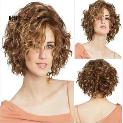 New Short Loose Curly Bob Mix Blonde Synthetic Hair Wigs With Side Swept Bangs Foto 1 de 4