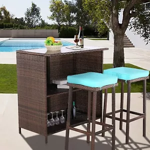 3pc Patio Bar Set Outdoor Rattan Wicker Furniture Table Stools Cushions Blue (1) - Picture 1 of 10