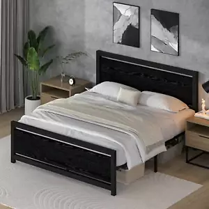 Metal Bed Frame with Wooden Headboard - Under Bed Storage, No Box Spring - Picture 1 of 50