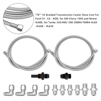 70" SS Braided Transmission Cooler Hose Line For Turbo 700R4-4L60-4L60E-4L65E ZE - Image 1 of 4