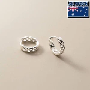 Woman Real s925 Sterling Silver Mesh Braided Waves Hoop Huggie Earring Clip  - Picture 1 of 4