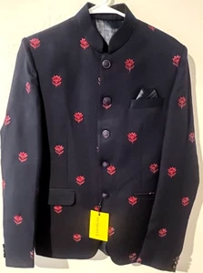 Chaqueta Bandhgala Sanskriti Para Hombre Cuello Nehru - Azul Marino con Bordado de Loto Rojo - - Imagen 1 de 8