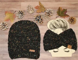 2 For One Price! Slate Grey/flecks Slouchy Hat +Twist Hdbnd Beanie Boho Women's - Picture 1 of 3