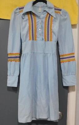 ВИНТАЖНЫЙ 60-Х 70-Х ГОДОВ ПЛАТЬЕ МИНИ МУЛЬТИ ЦВЕТА КРЮЧКОМ RAINBOW ЩЕТКОЙ ПОЛИ СВЕТЛО-СИНИЙ S/M - Изображение 1 из 4