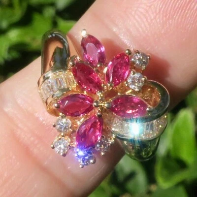 Wonderful 14k Solid Yellow Gold Natural Ruby and Diamond Cocktail Ring Size 6.5 - Image 1 of 4