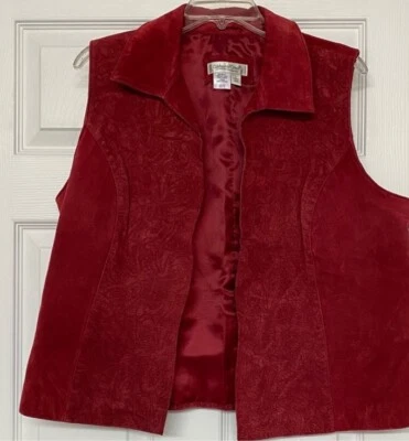 Chaleco Coldwater Creek Rojo 100% Cuero Gamuza Corte Láser Frente Abierto Talla L Foto 1 de 3