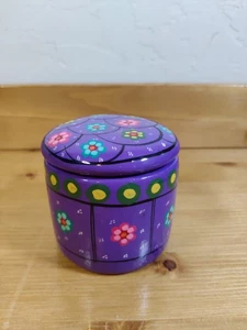 Vintage mexikanische Rotguss Keramik Schmuckschatulle Vogel Blumen lila Juwel 3" mit Deckel - Bild 1 von 8