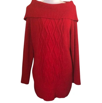 Womens Sparkly Christmas Red Cable Knit Sweater Ribbed Tunic Cowl Neck Size 1X - Image 1 of 4