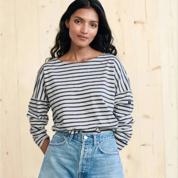 Saint James X Jenni Kayne Rue Drop Shoulder Blue Striped Linen Tee Womens US M - Image 1 of 4