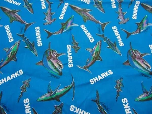 Marcus Brothers Cotton Fabric Blue 'SHARKS" All Over Print 1yd x 58" - Picture 1 of 5