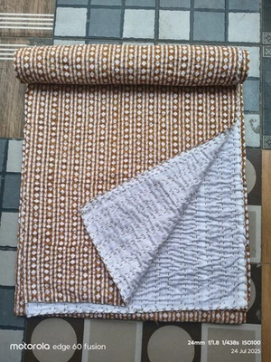 Indian Hand Block Print Kantha Quilt Blanket Cotton King Size Bedspread Throw - Image 1 of 4