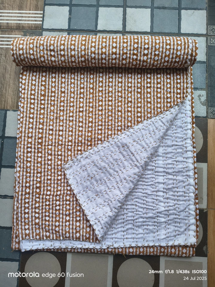 Indian Hand Block Print Kantha Quilt Blanket Cotton King Size Bedspread Throw - Image 1 of 4