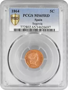 Spain 5 centimos 1864, PCGS MS65 RD, "Queen Isabel II (1847 - 1864)" Top Pop - Picture 1 of 2