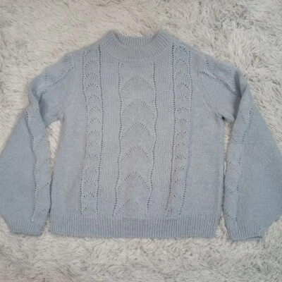 H&M Mujer Suéter Azul Mediano Lana Crochet Linterna Manga Sudadera Pullover Foto 1 de 4