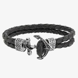 Bourne and Wilde Mens Double Black Leather Anchor Bracelet OSB-1730SBK - Picture 1 of 1