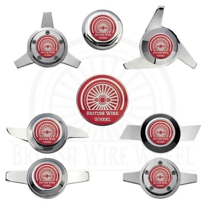 British Wire Wheel Chrome & Red Wheel Chip Emblems with Spinner Caps, Set of 4 - Picture 1 of 70