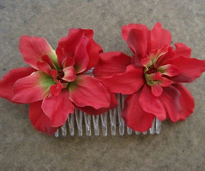 Double Red Apple Blossom  Silk Flower  Hair Comb,Bridal, Luau, Party,Wedding - Image 1 of 3