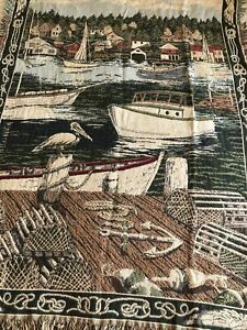 Goodwin Weavers Nautical Boats Harbor Seagulls Tapestry Fringe Throw 47 x 63