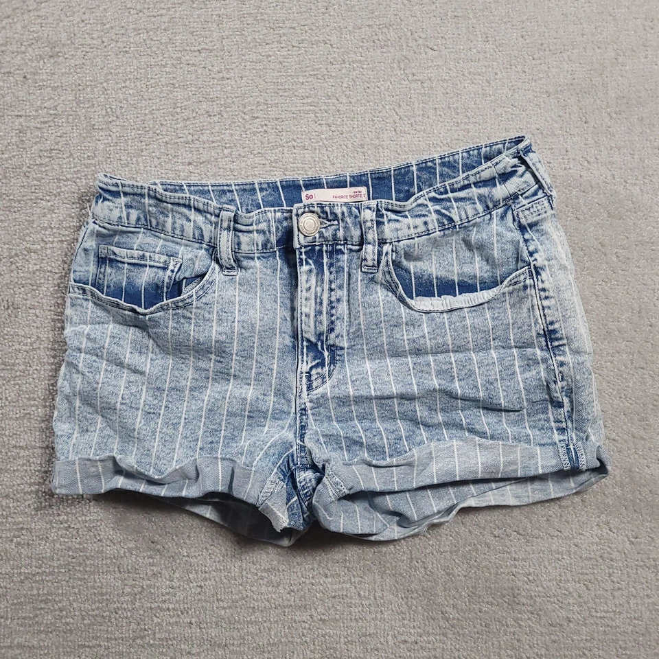 SO Womens 13 Jean Shorts Blue Denim Striped Favorite Shortie Stretch Acid Wash - Image 1 of 4