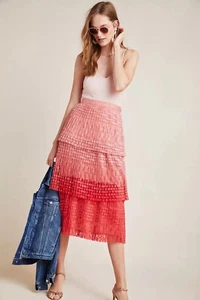 Anthropologie Maeve Brighton Tiered Midi Lace Ombré Pink Red Skirt 12 - Picture 1 of 8