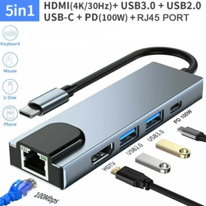 5 IN 1 Type-C to USB 3.0 Hub 4K HDMI RJ45 Ethernet Adapter for Macbook Keyboard - Picture 1 of 12
