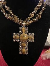 Vintage Tigers Eye Cross Pendant Necklace Beautiful And Chunky Designer Stamped