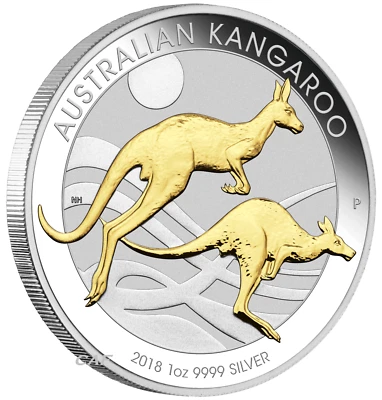 Australian Gilt Gilded 2018 Kangaroo Proof Silver 1 oz Dollar $1 Coin Australia - Image 1 of 4